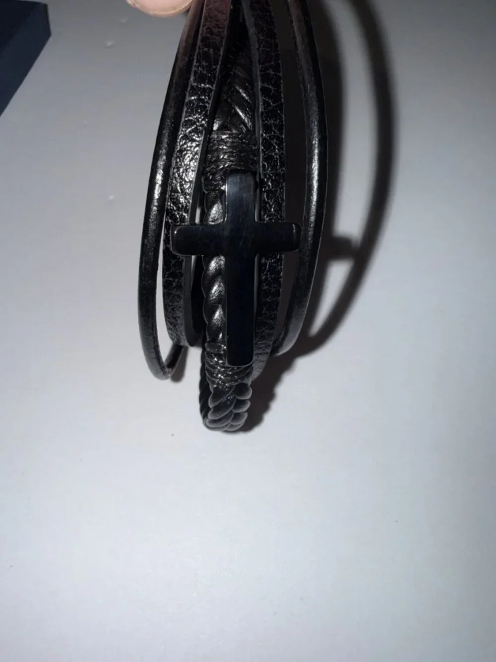 Men's Black Leather Cross Bracelet Multi-Strand Magnetic Clasp Gift Box Grandson